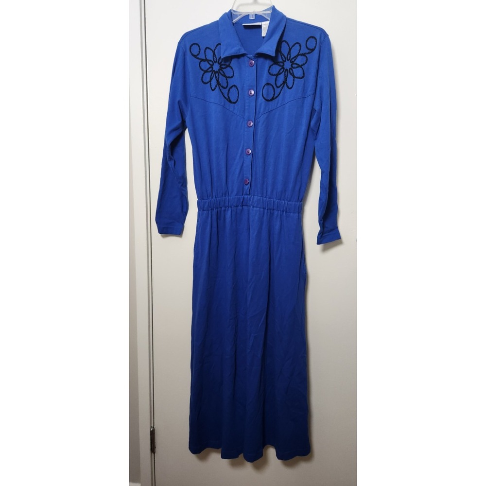 Liz Claiborne‎ Embroidered Blue Maxi Dress Cotton Buttons Prairie Large Vintage